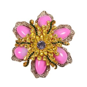 French Vintage Pink Rhinestone Glass Brooch with Electroplated Gold