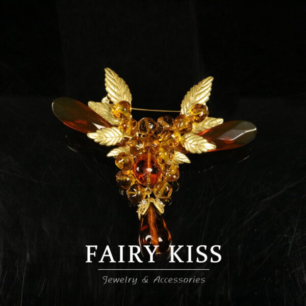 Vintage Courtly Winged Amber Bead Brooch