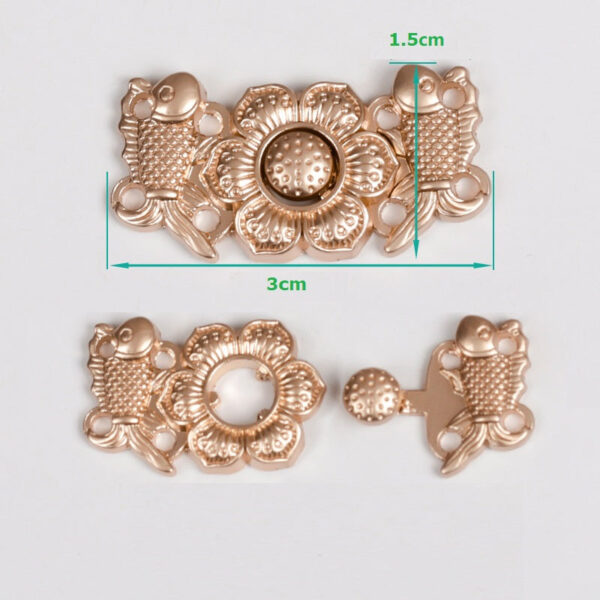 3cm Chinese Ancient Style Carp Peony Golden Metal Pair Buttons 10pcs - Image 2