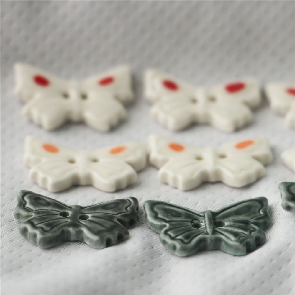 25mm Butterfly Shaped 2 Hole White and Dark Grey Ceramic Buttons for Bag Accessories 6pcs - Image 2