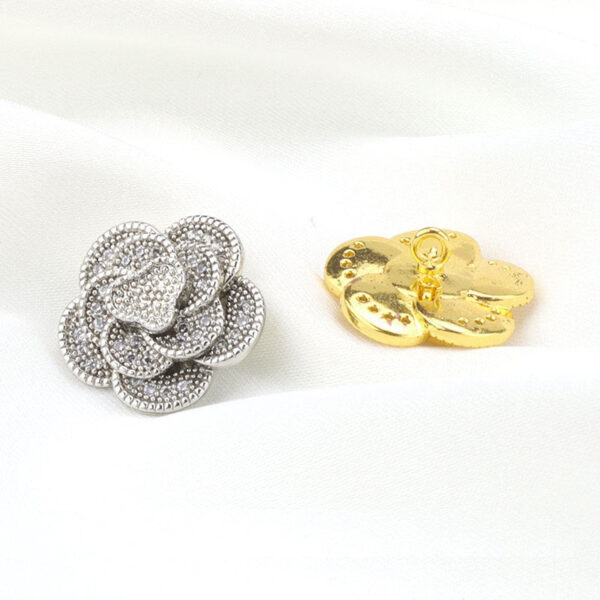 15mm Golden Silver Three Dimensional Camellia Buttons with Full Rhinestones 2pcs - Image 2