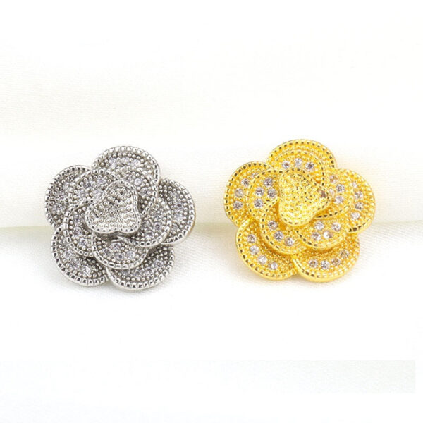 15mm Golden Silver Three Dimensional Camellia Buttons with Full Rhinestones 2pcs - Image 3