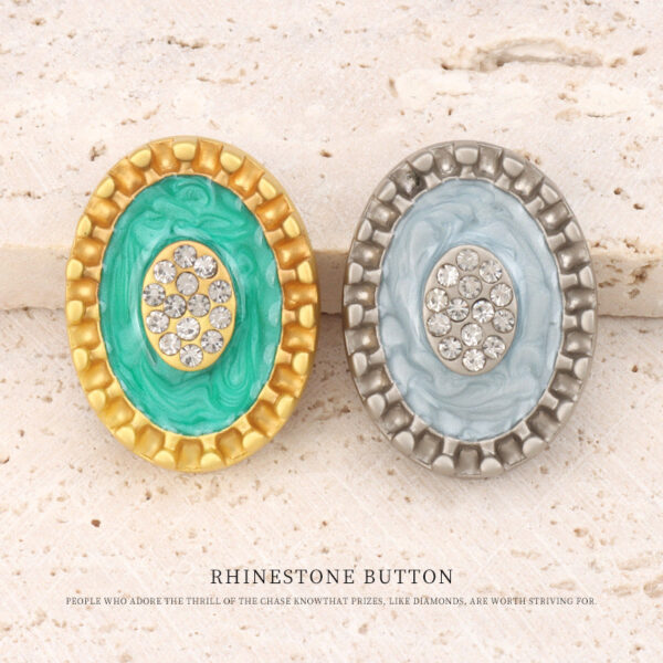 26mm Matte Golden Silver Oval Metal Rhinestone Oil Dotted Shank Buttons 2pcs - Image 2