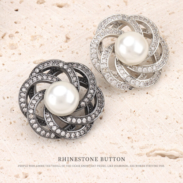 22.5mm Stacked Circular Hollowed Flower Shape Pearl Zircon Copper Button 2pcs - Image 2
