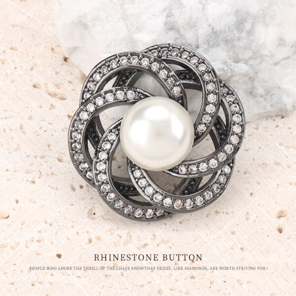 22.5mm Stacked Circular Hollowed Flower Shape Pearl Zircon Copper Button 2pcs - Image 4