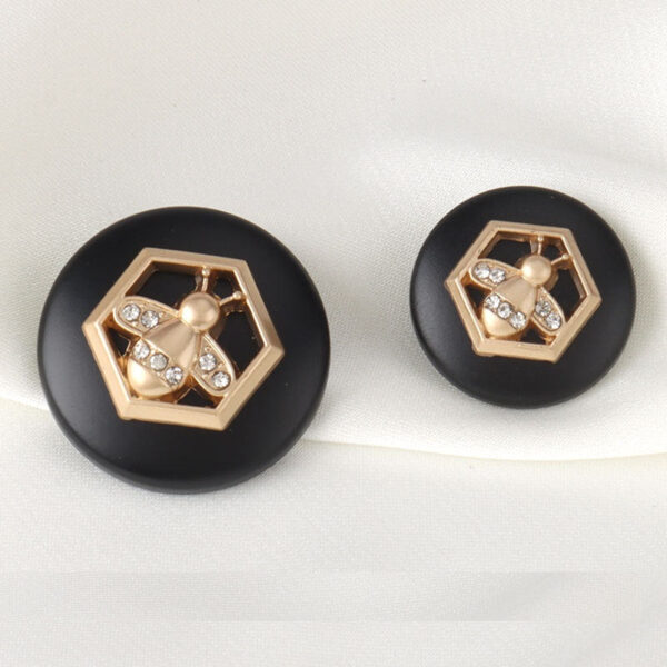 18/23mm Round Black Metal Buttons with Golden Bee Rhinestones 12pcs - Image 3