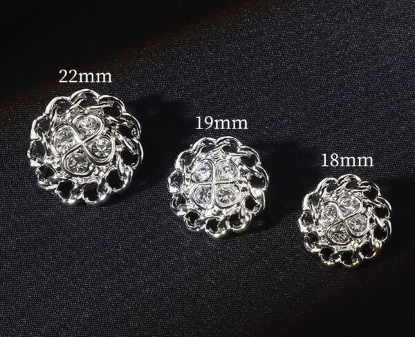 22mm Bright Silver Floral Shaped Rhinestone Inlaid Metal Shank Buttons 12pcs - Image 2