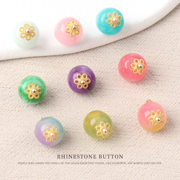 10mm Colorful Natural Chinese Jade Bead Buttons with Flower Mounts 20pcs - Image 2