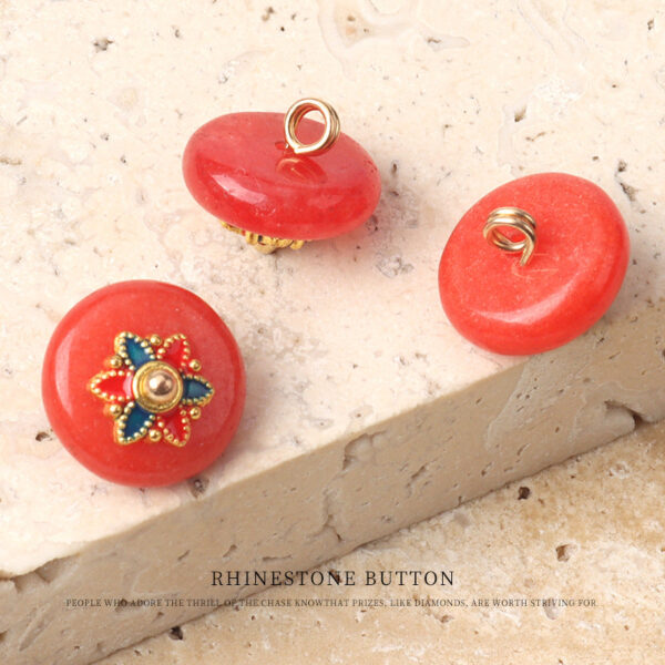 12mm Orange Red Jade Buttons with Golden Flower Shanks for Chinese Shirts 12pcs - Image 2