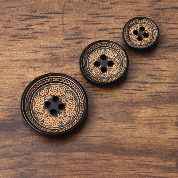 12/15/21mm Vintage Round 4-Hole Black Painted Laser-Carved Flower Wood Buttons - Image 2