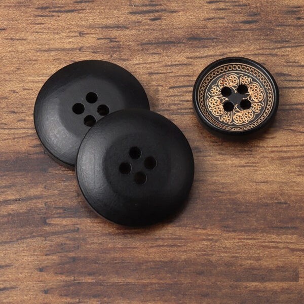 12/15/21mm Vintage Round 4-Hole Black Painted Laser-Carved Flower Wood Buttons - Image 3