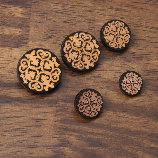 15-27.5mm Round Black Laser Engraved Patterned Flat Wood Shank Buttons - Image 3