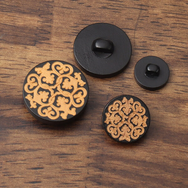 15-27.5mm Round Black Laser Engraved Patterned Flat Wood Shank Buttons - Image 2