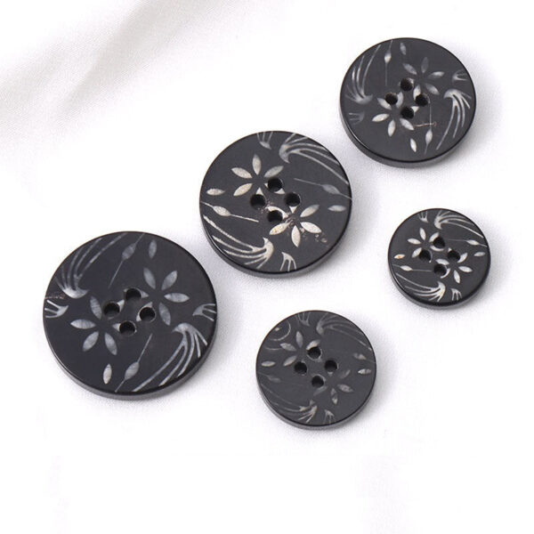 15 - 25mm Round 4 Hole Black Horn Buttons with White Flower Patterns 10pcs - Image 3