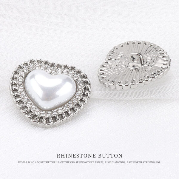 23mm Silver Heart-Shaped Pearl Metal Rhinestone Jackets Button 6pcs - Image 2