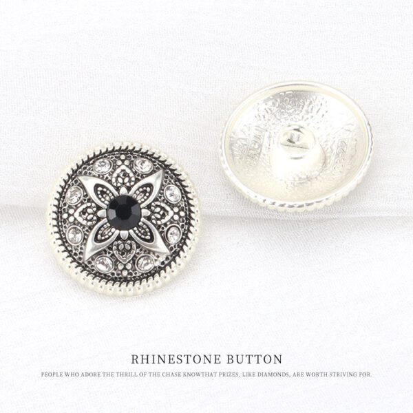 21mm Vintage Silver Metal Shank Buttons with Black Floral Rhinestone Pattern 5pcs - Image 2