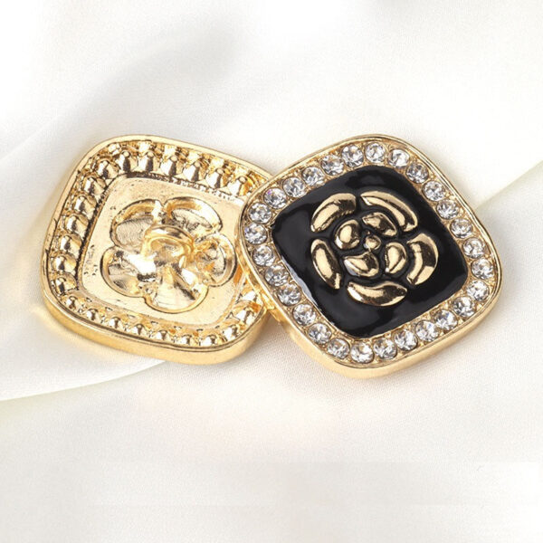 26mm Black Enameled Flower Golden Square Metal Rhinestone Buttons 5pcs - Image 2
