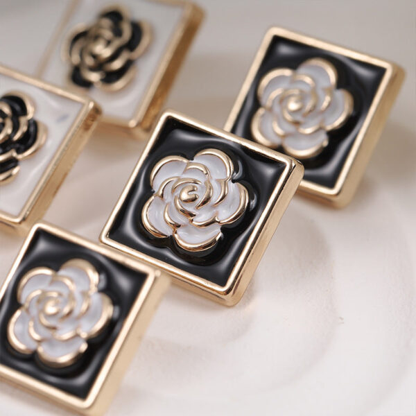 15mm Square Black and White Camellia Painted Metal Button 12 Pack - Image 2