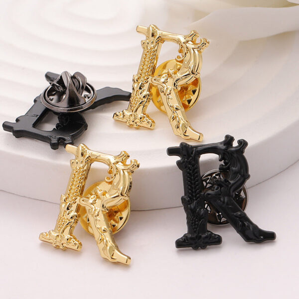 Black Gold Metal Brooch with Letter R - Suit Badge for Men 10pcs - Image 2