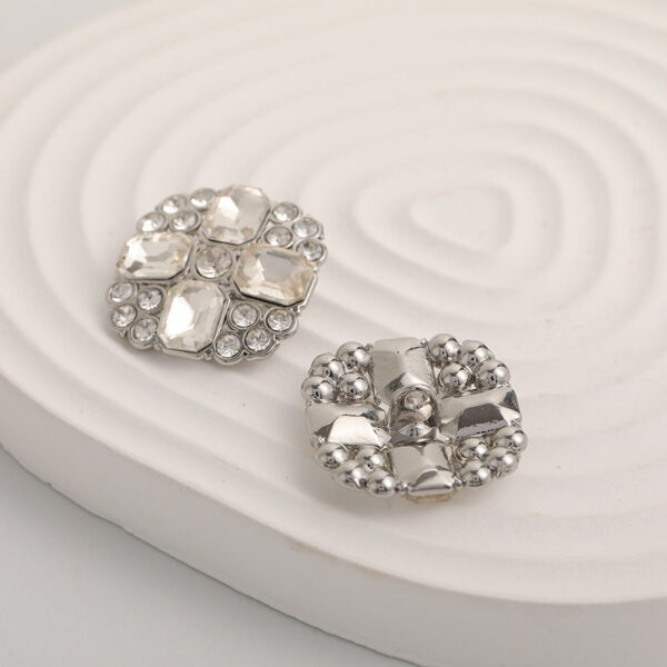23mm Noble Square  Crystal Diamonds Silver Metal Button 5pcs - Image 3