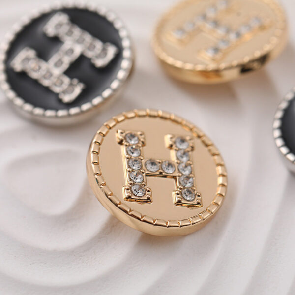 20mm Round Metal Shank Button with Letter H and Rhinestones 8pcs - Image 2