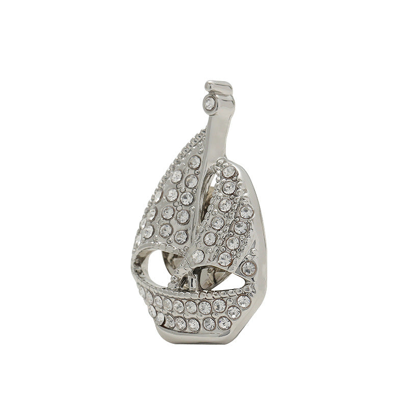 Silver Sailboat Full Diamond Design Fashion Metal Brooch Pin 2pcs