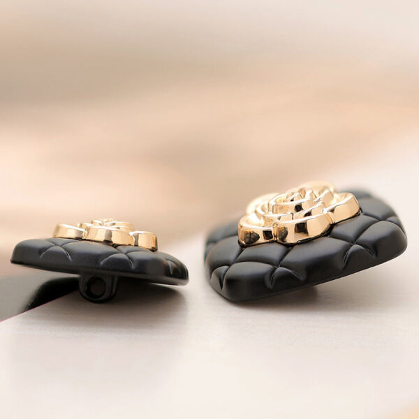 Black Checkered Square Metal Button with Golden Camellia 6pcs - Image 3