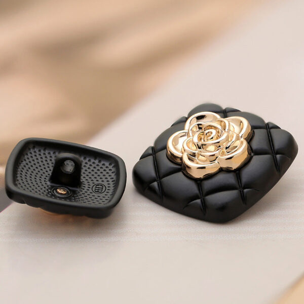 Black Checkered Square Metal Button with Golden Camellia 6pcs - Image 2