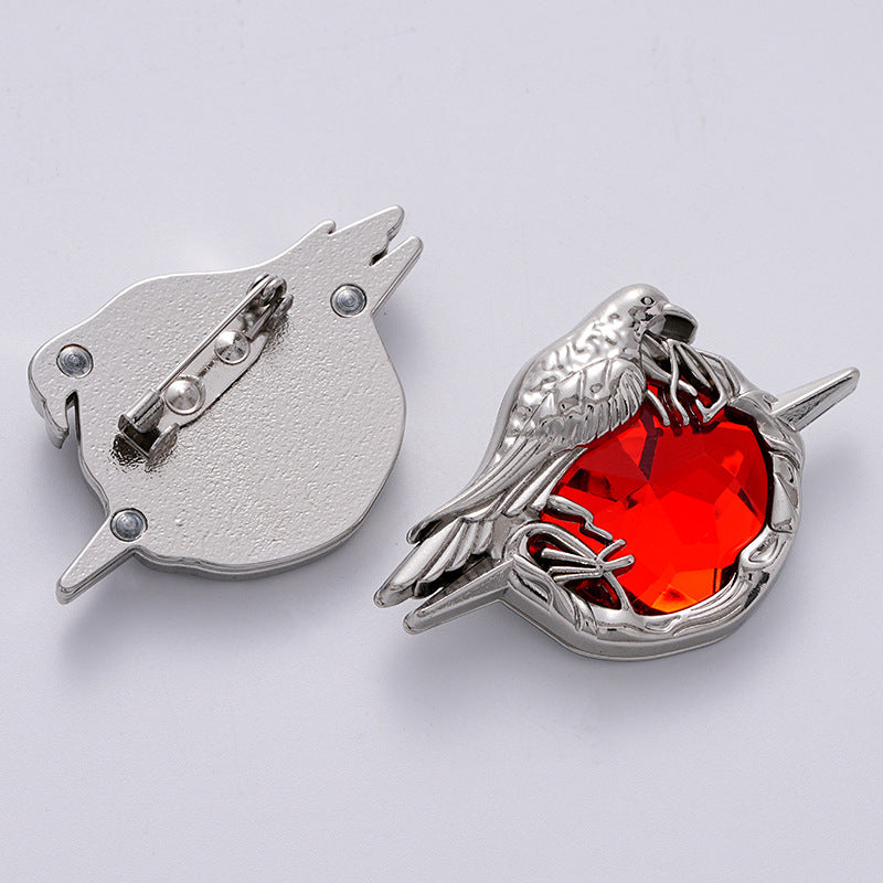 Retro Fashion Dark Crow Red Diamond Metal Badge Brooch 2pcs - Image 2