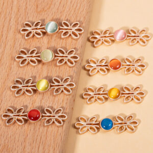 Chinese Five-Leaf Clover Hanfu Metal Lock Button Cat's Eye Stone 8 Color Pack 