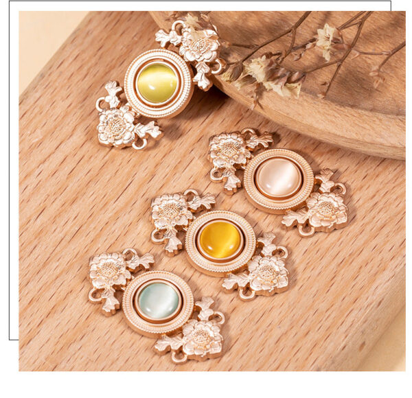 Antique Chinese Lotus Flower Cat's Eye Stone Metal Lock Buttons 8 Pack