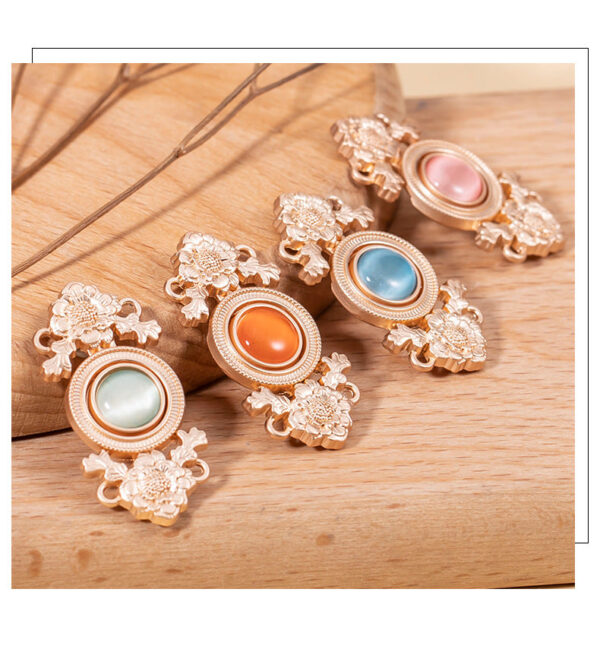 Antique Chinese Lotus Flower Cat's Eye Stone Metal Lock Buttons 8 Pack