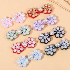 Chinese Frog Closure Pearl Six-Petal Flower Woven Button 8 Pack