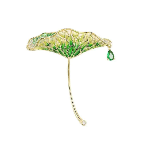 Gold Green Enamel Lotus Leaf Waterdrop Zircon Brooch Pin