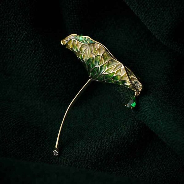 Gold Green Enamel Lotus Leaf Waterdrop Zircon Brooch Pin