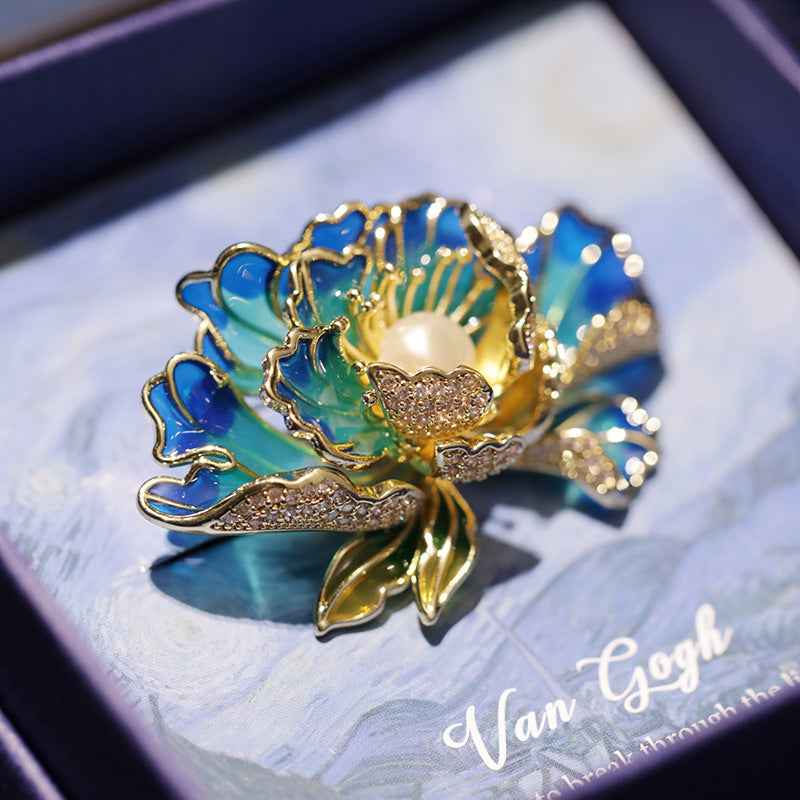 Enamel Blue Freshwater Pearl Peony Brooch Pin
