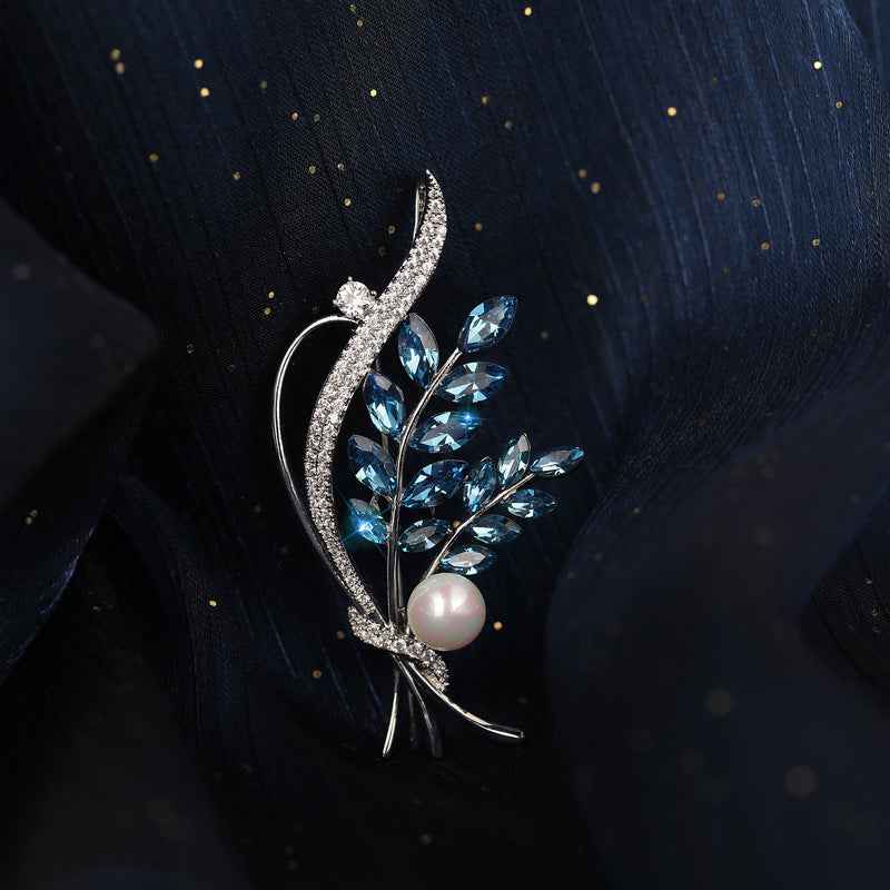 Silver Blue White Freshwater Pearl & Crystal Floral Bouquet Brooch