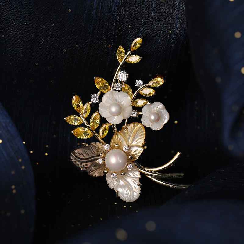 Tri-Color Seashell & Pearl Flower Brooch – Copper Zircon Floral Pin