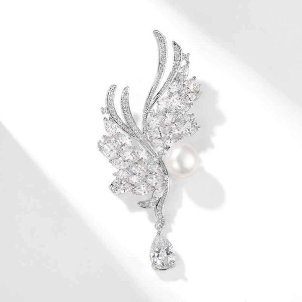 Natural Pearl Zircon Silver Wing Metal Brooch Pin