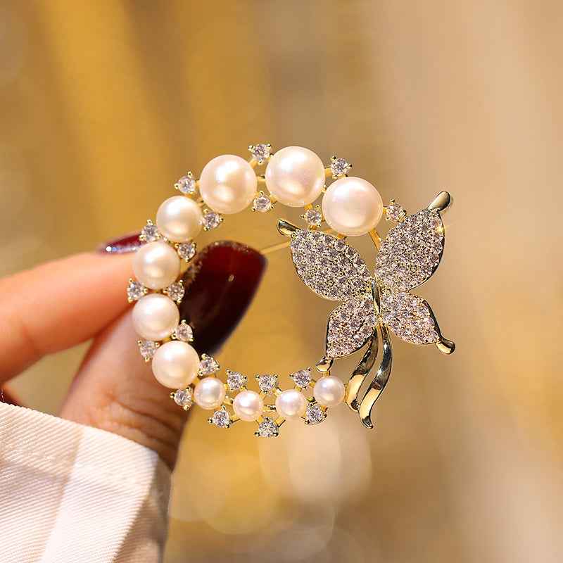Round Gold & White Freshwater Pearl Butterfly Brooch
