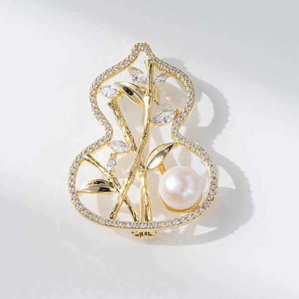 French Luxury Copper Zircon Freshwater Pearl Bamboo Gourd Brooch