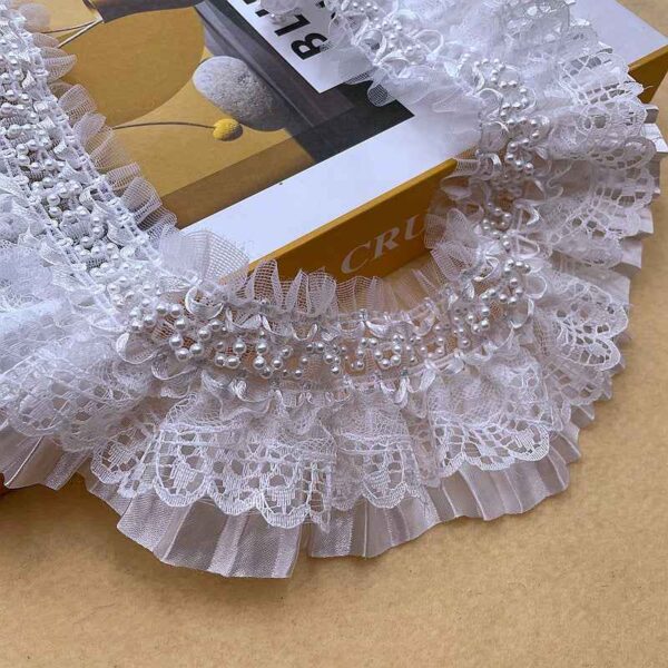 7.5cm Lolita White Satin Lace Ruffle Trim with Pearl Accents 10 Yards