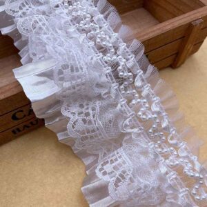 7.5cm Lolita White Satin Lace Ruffle Trim with Pearl Accents 10 Yards
