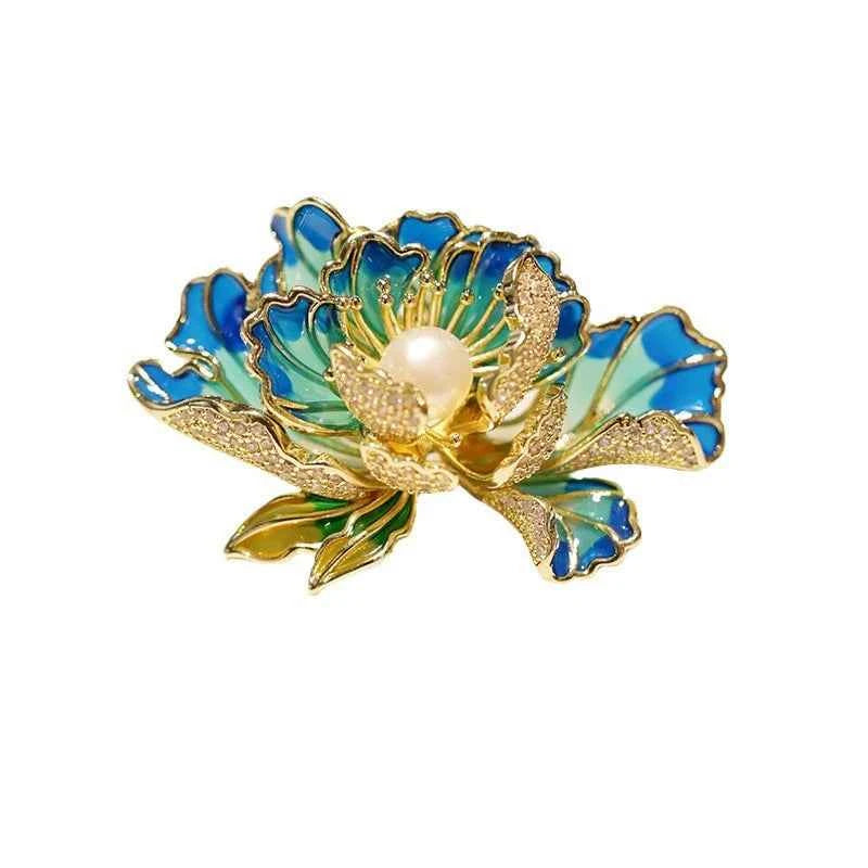 Enamel Blue Freshwater Pearl Peony Brooch Pin
