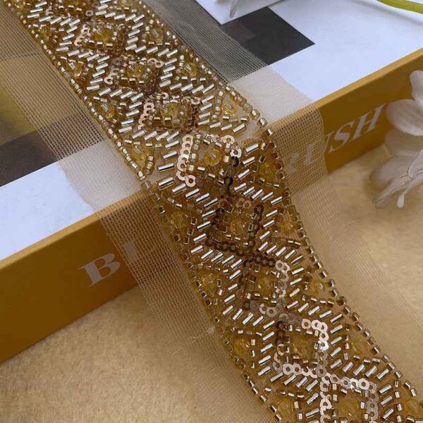 Luxurious 3.5cm Gold Mesh Beaded Sequin Lace Trim – 5 Yards