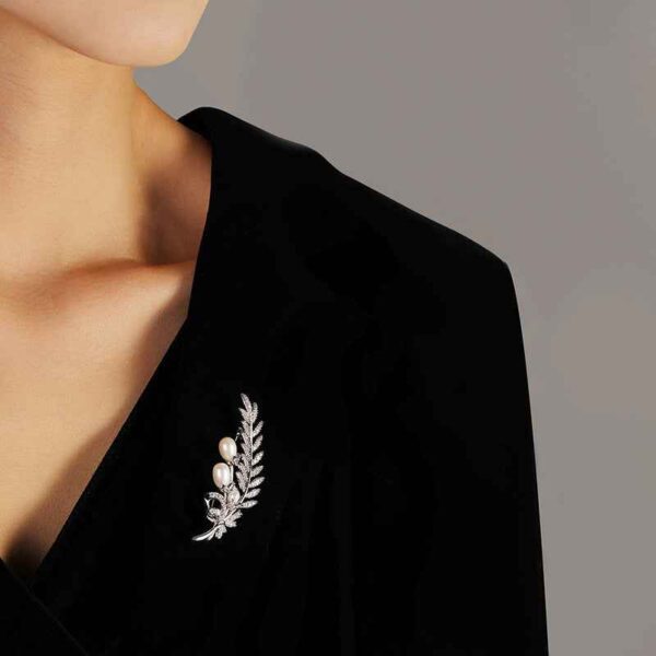 Gold and Silver Wheat Zircon Natural Pearl Leaf Brooch Pin