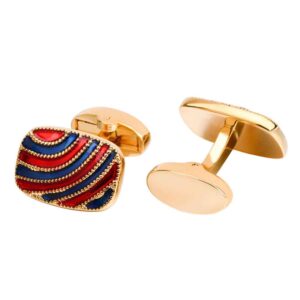 Gold Oval Cuff Links with Red & Blue Drip Stripes for Artistic Men