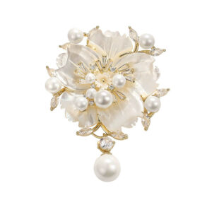 Camellia Shell Pearl Zircon Pin, Floral Brooch for Apparel