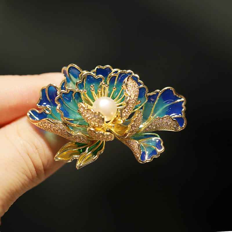 Enamel Blue Freshwater Pearl Peony Brooch Pin