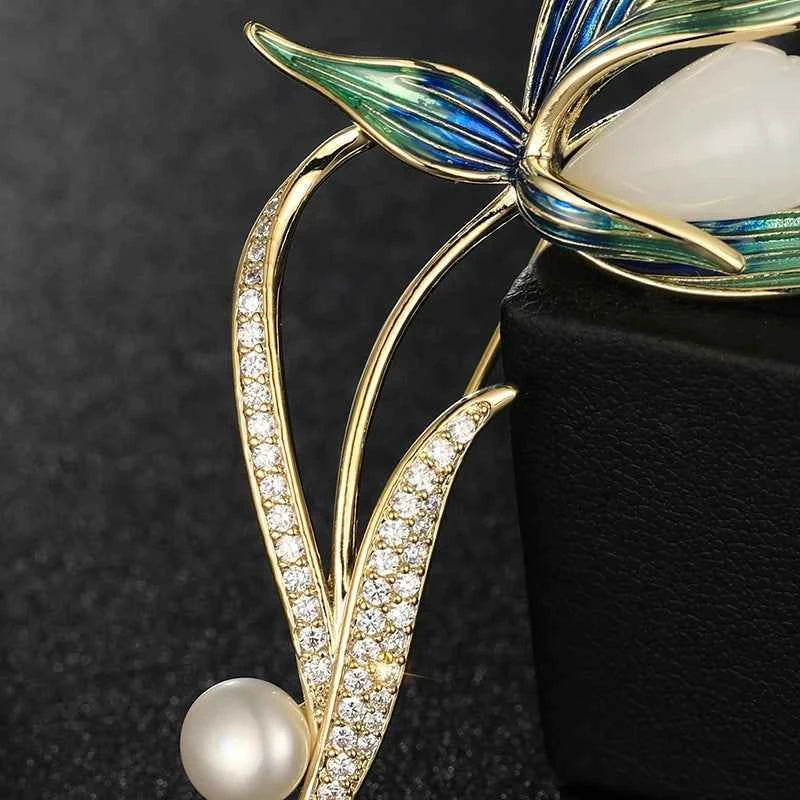 Magnolia Enamel Natural Stone Freshwater Pearl Brooch Pin